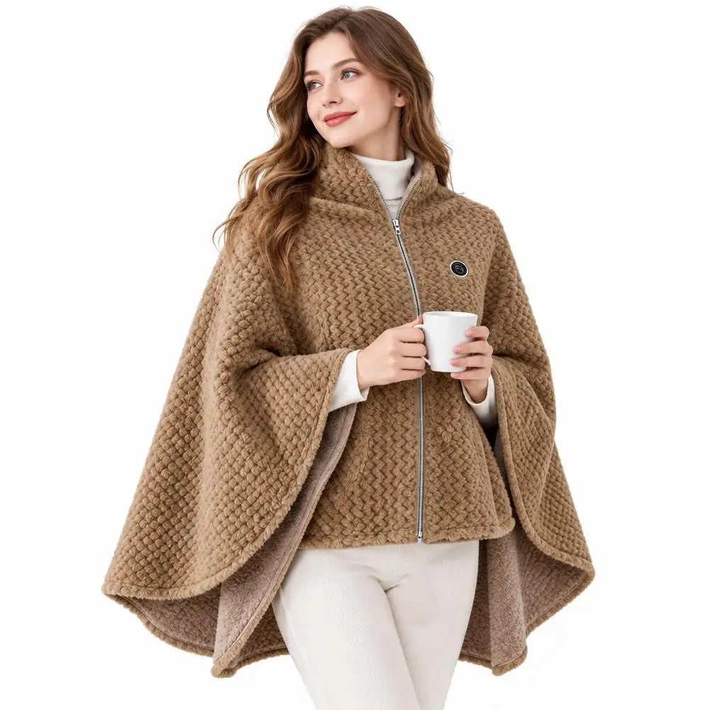 Brązowe ogrzewane poncho z kapturem na zamek