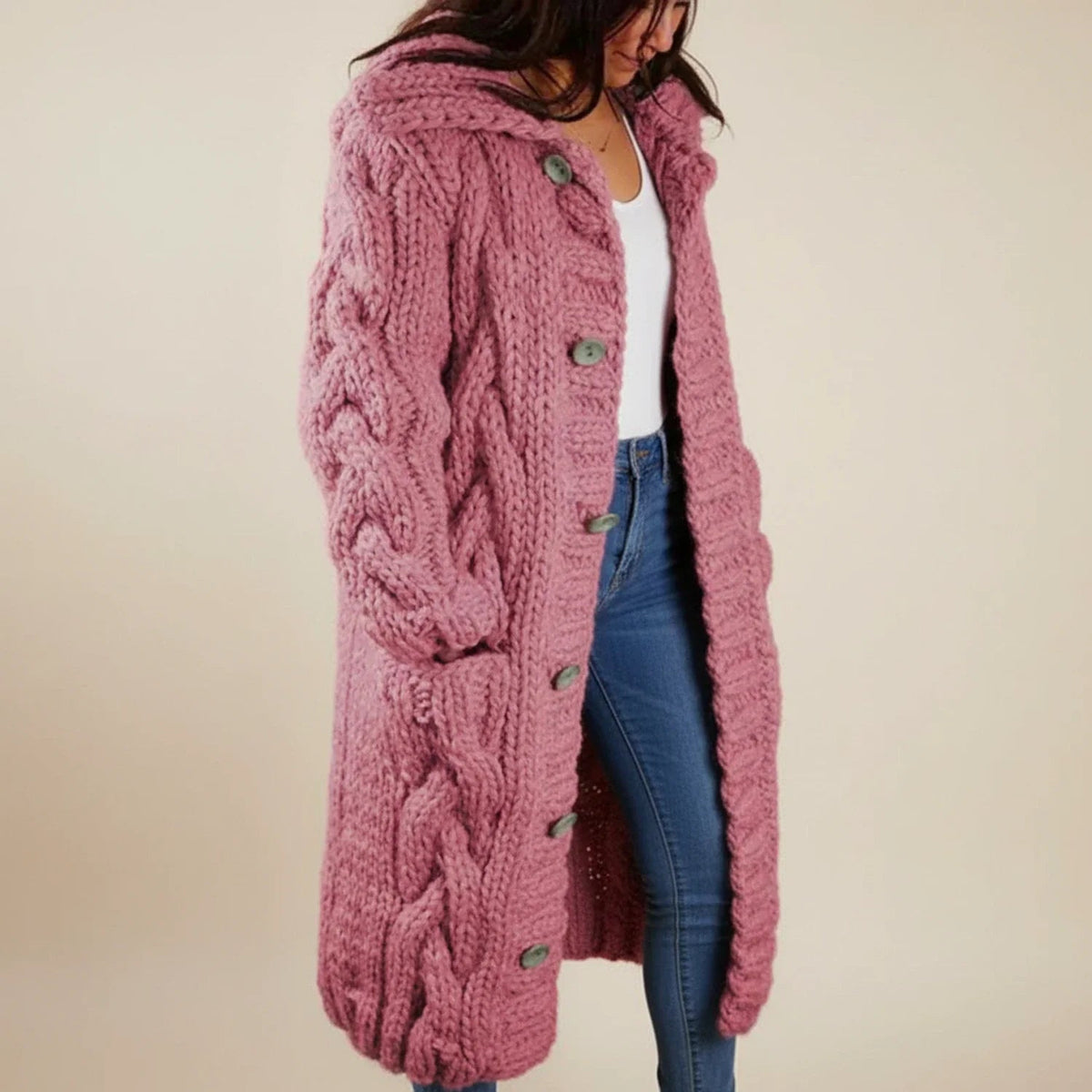 Teodora | Gruby Zimowy Kardigan z Kapturem - Pootivo
