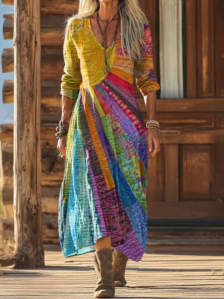 Amandine | Kolorowa Patchworkowa Sukienka Maxi Boho - Pootivo
