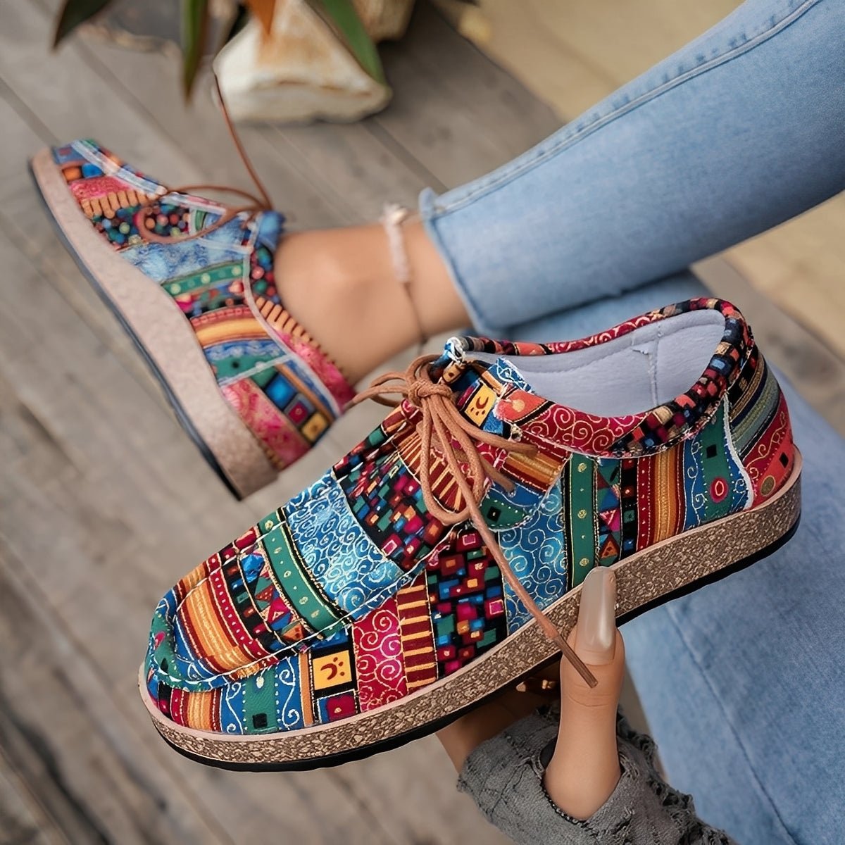 Arova | Sneakersy Damskie Wzorzyste Boho – Kolorowe Buty Sportowe - Pootivo