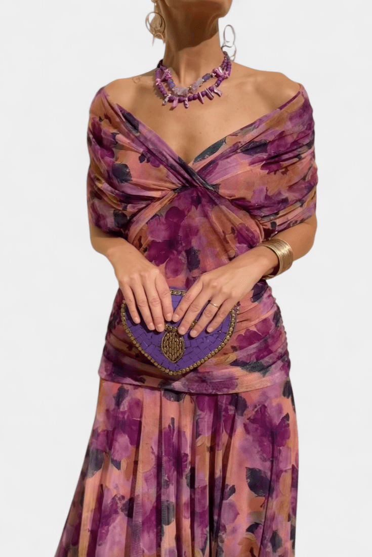 Aurèa Sukienka Maxi Damska Elegancka w Kwiaty z Odkrytymi Ramionami - Pootivo