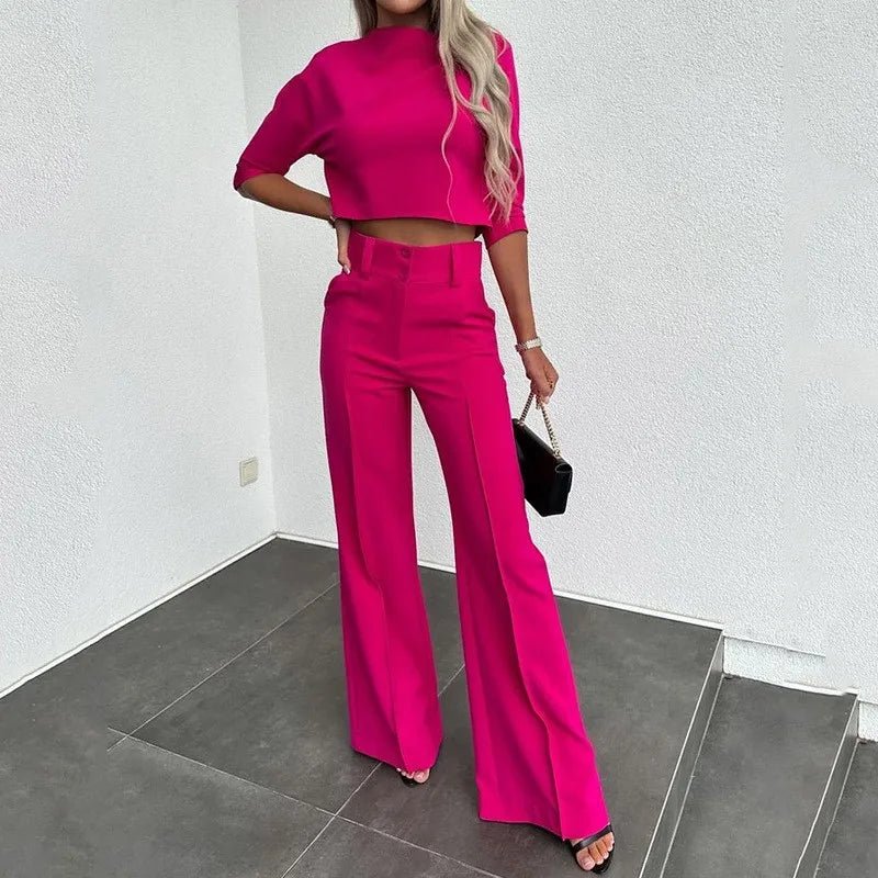 Bella Komplet Damski Crop Top Szerokie Spodnie – Elegancki Dwuczęściowy - Pootivo