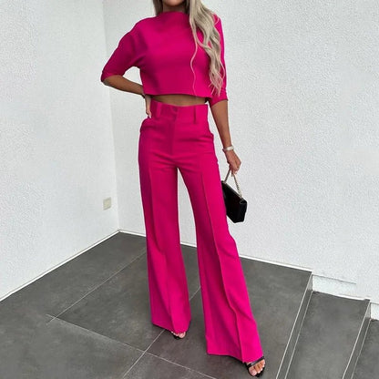 Bella Komplet Damski Crop Top Szerokie Spodnie – Elegancki Dwuczęściowy - Pootivo