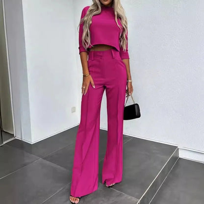 Bella Komplet Damski Crop Top Szerokie Spodnie – Elegancki Dwuczęściowy - Pootivo
