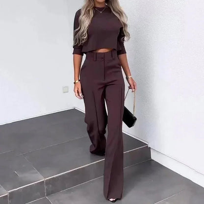 Bella Komplet Damski Crop Top Szerokie Spodnie – Elegancki Dwuczęściowy - Pootivo