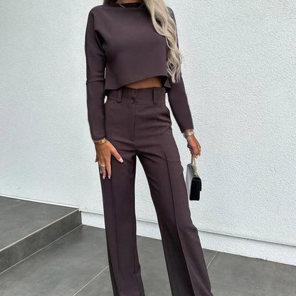 Bella Komplet Damski Crop Top Szerokie Spodnie – Elegancki Dwuczęściowy - Pootivo