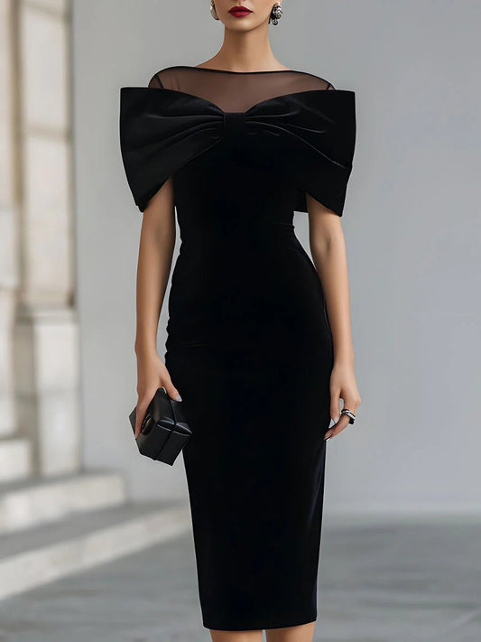 Bianca | Dopasowana Aksamitna Sukienka Midi z Kokardą - Pootivo