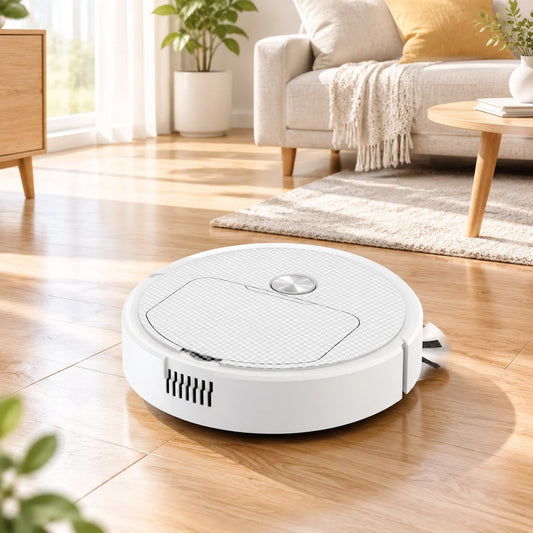 Mały biały robot sprzątający na podłodze w salonie