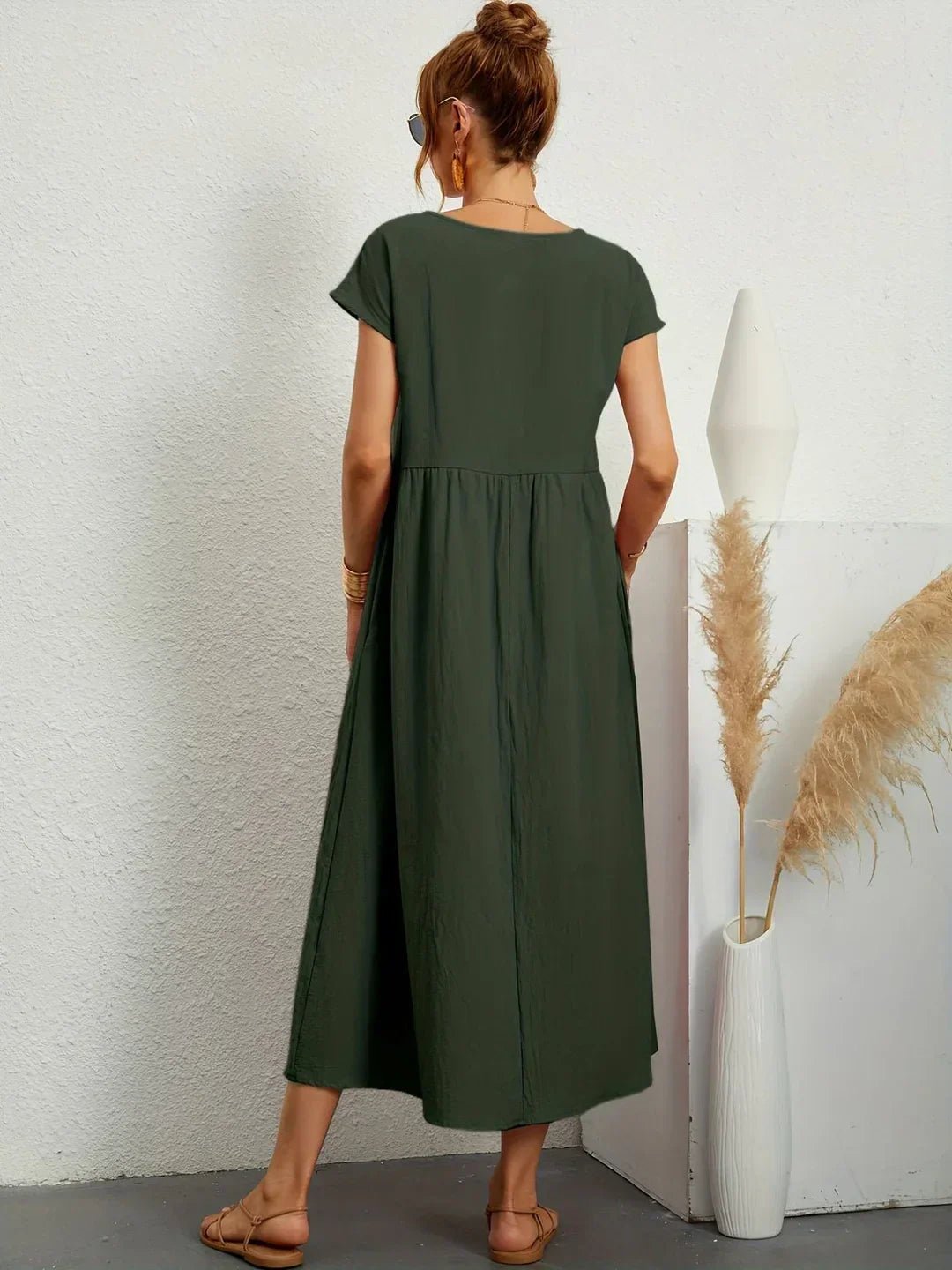 Cottovia Sukienka Damska Bawełniana Midi z Kieszeniami – Lekka Luźna Sukienka z Krótkim Rękawem - Pootivo