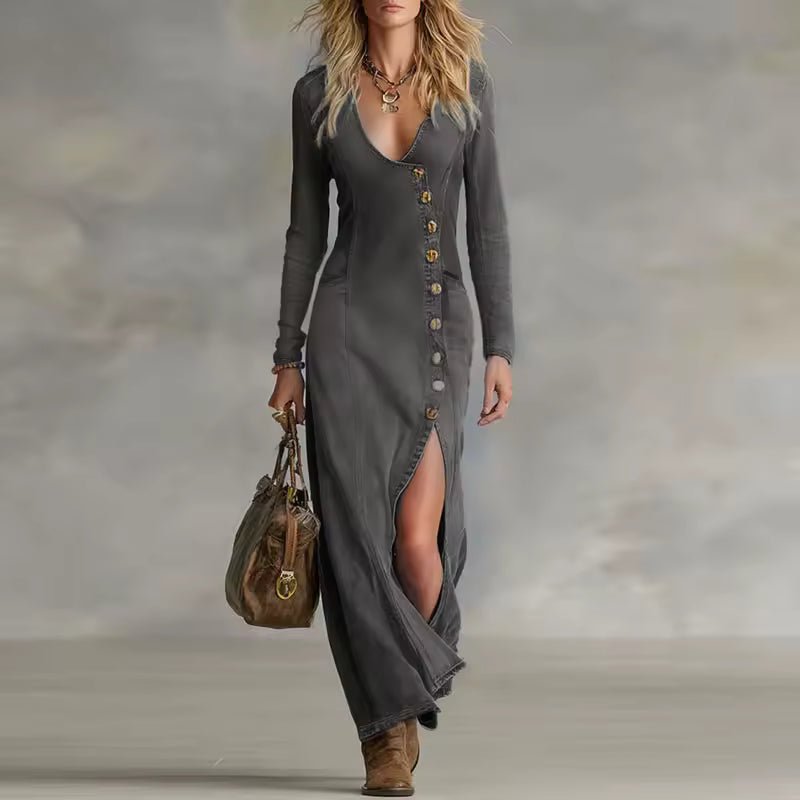 Dakota | Dopasowana Asymetryczna Sukienka Denim Maxi - Pootivo