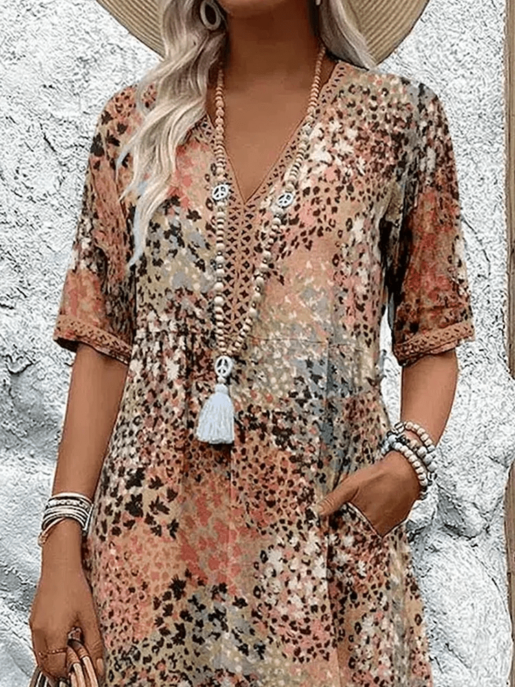 Delvèa Sukienka Midi Damska Letnia z Nadrukiem – Luźna Sukienka Boho z Kieszeniami - Pootivo