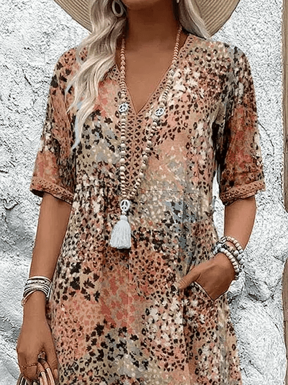 Delvèa Sukienka Midi Damska Letnia z Nadrukiem – Luźna Sukienka Boho z Kieszeniami - Pootivo