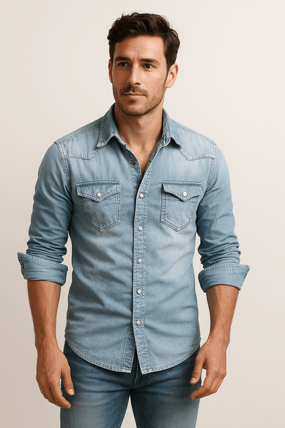 Dervèo Koszula Jeansowa Męska Slim Fit z Długim Rękawem - Pootivo
