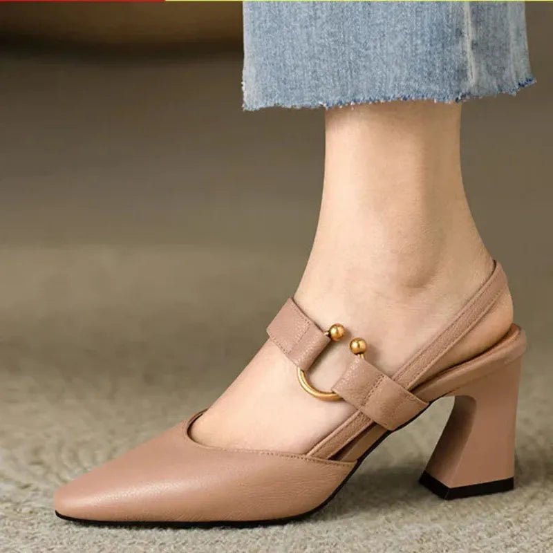 Orlée Czółenka Damskie na Słupku Slingback ze Złotą Klamrą - Pootivo
