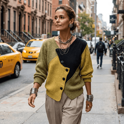 Ostrzysława | Kolorowy Jesienny Sweter z Asymetrycznym Zapięciem - Pootivo