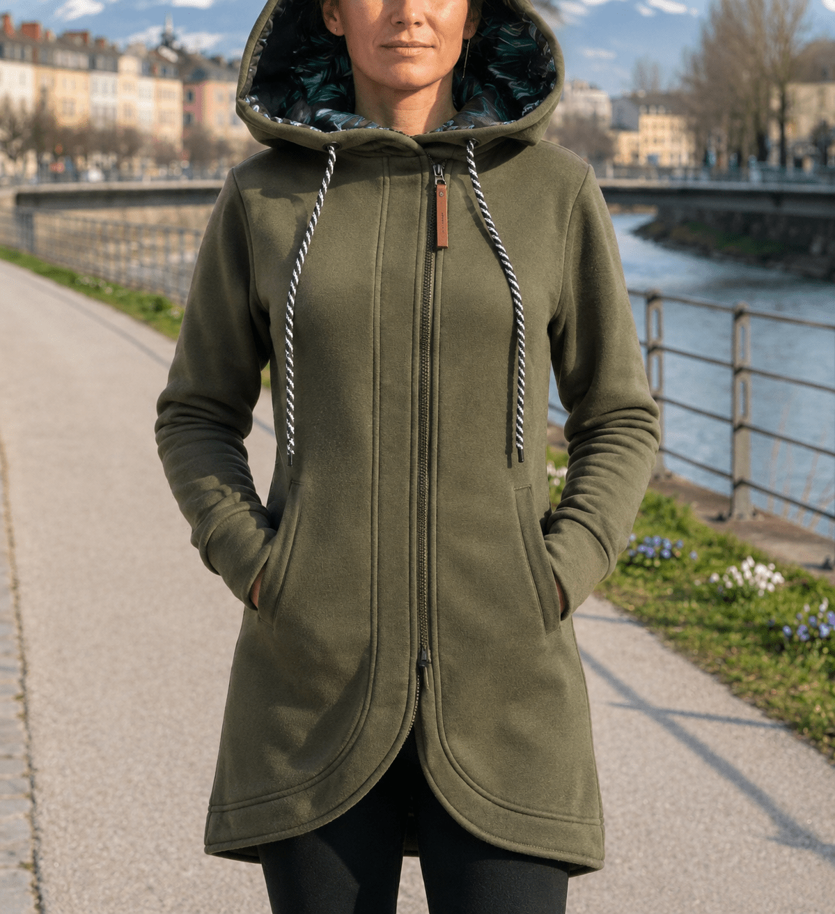 Racława | Długa Jesienna Bluza z Wzorzystym Kapturem - Pootivo