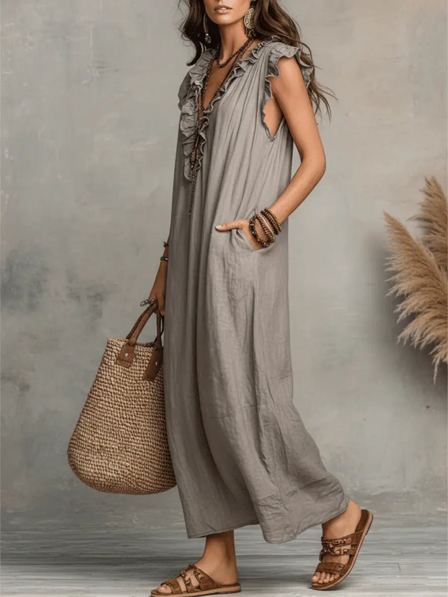 Sloane | Lniano - Bawełniana Boho Sukienka Maxi - Pootivo