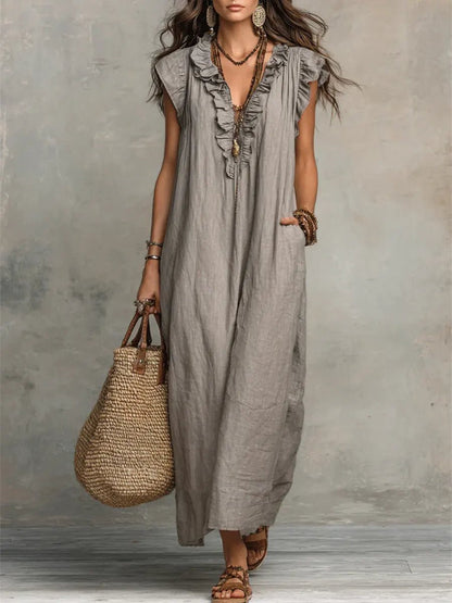 Sloane | Lniano - Bawełniana Boho Sukienka Maxi - Pootivo