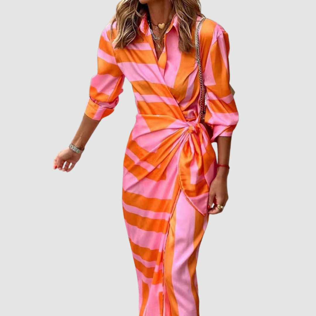 Solenne Sukienka W Paski Midi Damska – Elegancka Sukienka Koszulowa - Pootivo