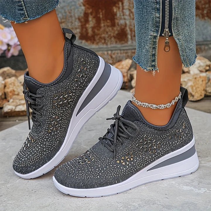 Stelvora Sneakersy Damskie z Kryształkami Rhinestone na Platformie – Modne Buty Sportowe ze Sznurowaniem - Pootivo