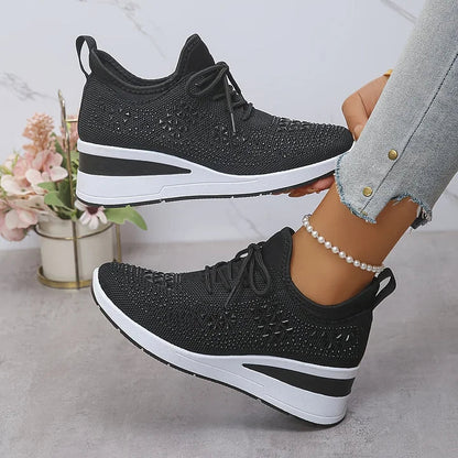 Stelvora Sneakersy Damskie z Kryształkami Rhinestone na Platformie – Modne Buty Sportowe ze Sznurowaniem - Pootivo
