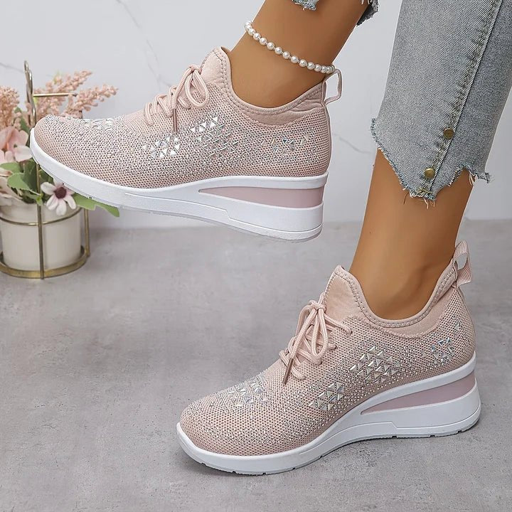 Stelvora Sneakersy Damskie z Kryształkami Rhinestone na Platformie – Modne Buty Sportowe ze Sznurowaniem - Pootivo