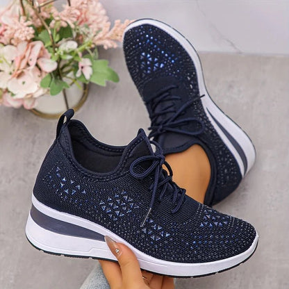 Stelvora Sneakersy Damskie z Kryształkami Rhinestone na Platformie – Modne Buty Sportowe ze Sznurowaniem - Pootivo