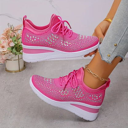 Stelvora Sneakersy Damskie z Kryształkami Rhinestone na Platformie – Modne Buty Sportowe ze Sznurowaniem - Pootivo