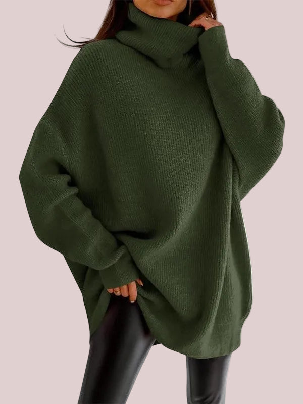 Oliwkowy sweter damski oversize z szerokim golfem